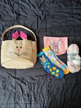 Kids Bunny Tote Bag & Easter Accessories Set - Pink, Blue, Yellow